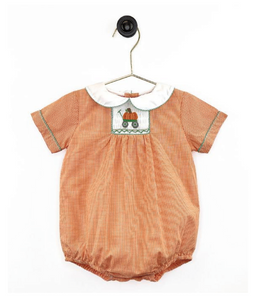 Orange Check Pumpkin Smocked Boys Romper | 6 Months