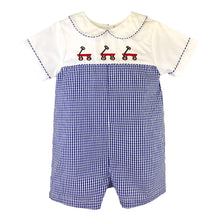 Blue Check Red Wagon Embroidered Romper | 12 18 24 Months