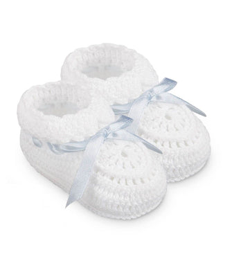 White Hand Crochet Blue Ribbon Baby Bootie | Newborn