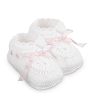 White Hand Crochet Pink Ribbon Baby Bootie | Newborn