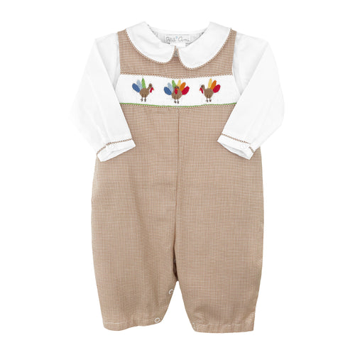 Tan Check Turkey Hand Picture Smocked Longall and Shirt Set | 12 18 24 Months