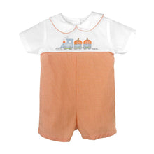 Orange Check Romper with Pumpkin Train Embroidery | 12 18 24 Months