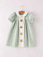 Fall Halloween Thanksgiving Pumpkin Green Plaid Cotton Dress | 2 3 4 5 6
