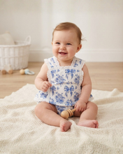 Blue and White Vintage Floral Bow Print Apron Ruffle Romper | 3-6M 6-12M 12-18M