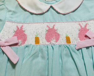 Aqua Check Pink Easter Bunny Smocked Dress Set | 12 18 24 Months