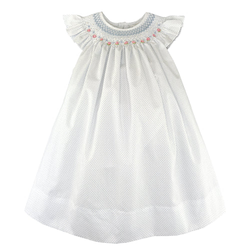 White and Blue Dot Smocked Bishop Dress Set | 24 Months