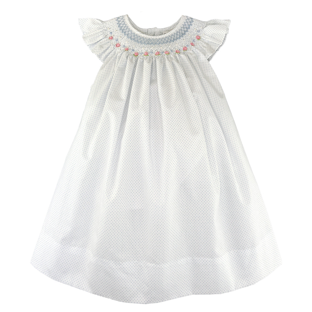 White and Blue Dot Smocked Bishop Dress Set | 12 18 24 Months