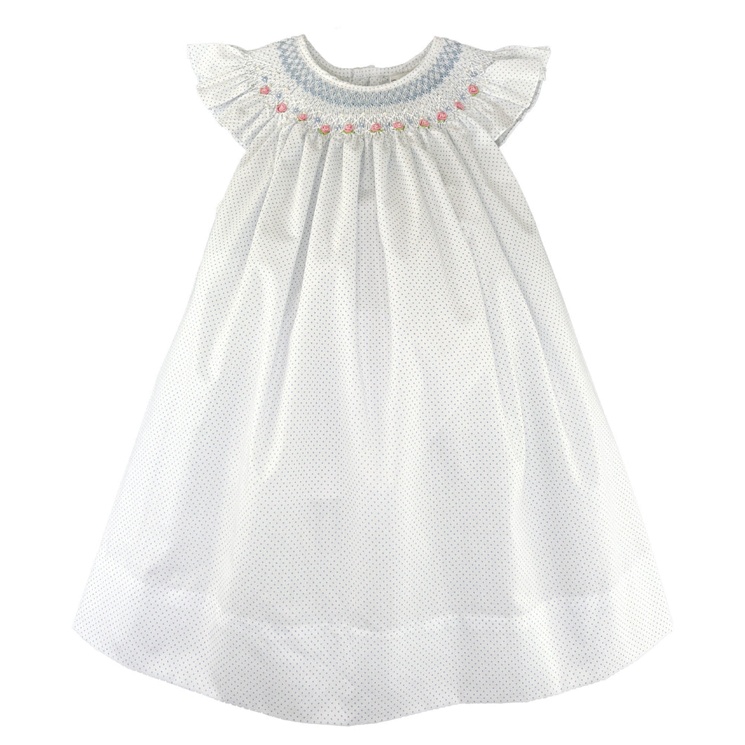 White and Blue Dot Smocked Bishop Dress | 2T 3T 4T