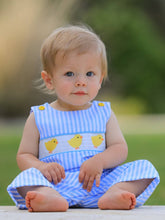 Chick Embroidered Smocked Blue Striped Boys Romper | 3 6 12 18 Months