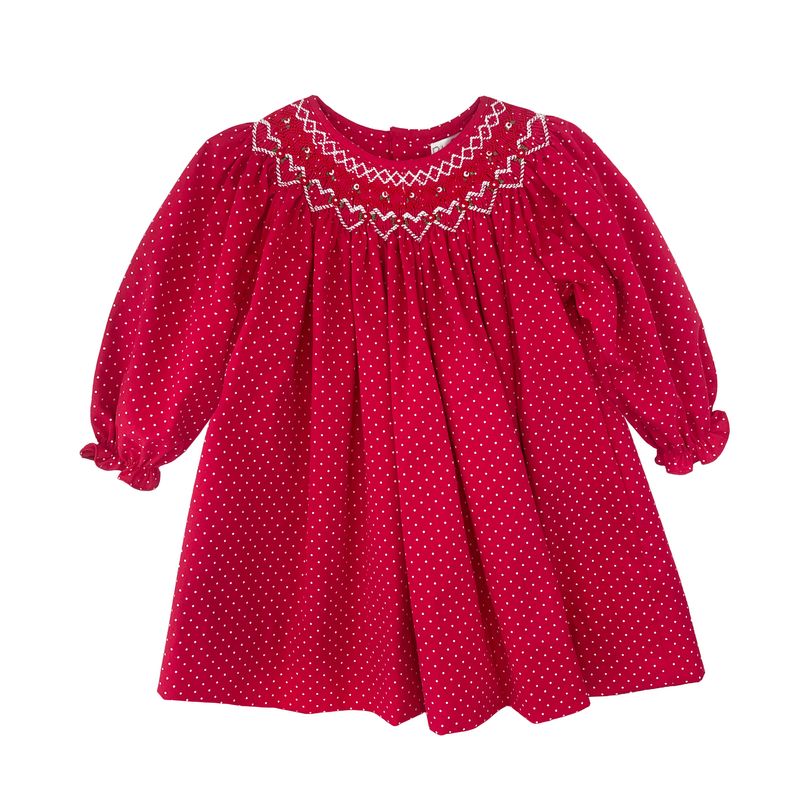 Red Dot Dress Set with Heart Shaped Bishop Smocking