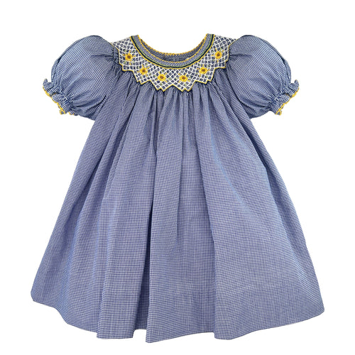 Navy Yellow Sunflower Smocked Bishop Dress Set | 12 18 24 Months