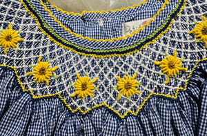 Navy Yellow Sunflower Smocked Bishop Dress Set | 12 18 24 Months