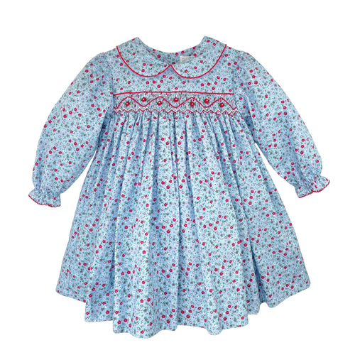 Blue Red Floral Smocked Dress | 2T 3T 4T