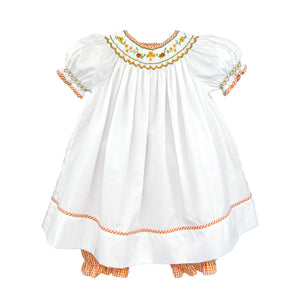 White Orange Harvest Smocked Dress Pantaloon Set | 12 18 24 Months