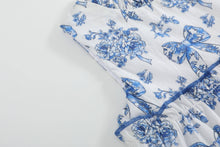 Blue and White Bow and Flower Print Layered Ruffle Dress | 2T 3T 4T