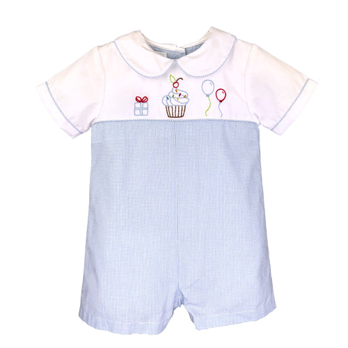 Blue Check Boys Birthday Embroidered Romper | 12 18 24 Months
