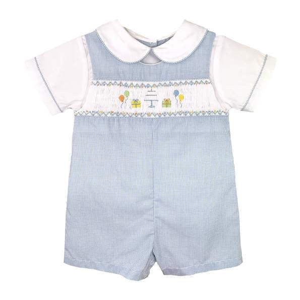 Blue Check Birthday Smocked One-Piece Romper | 12 or 24 Months