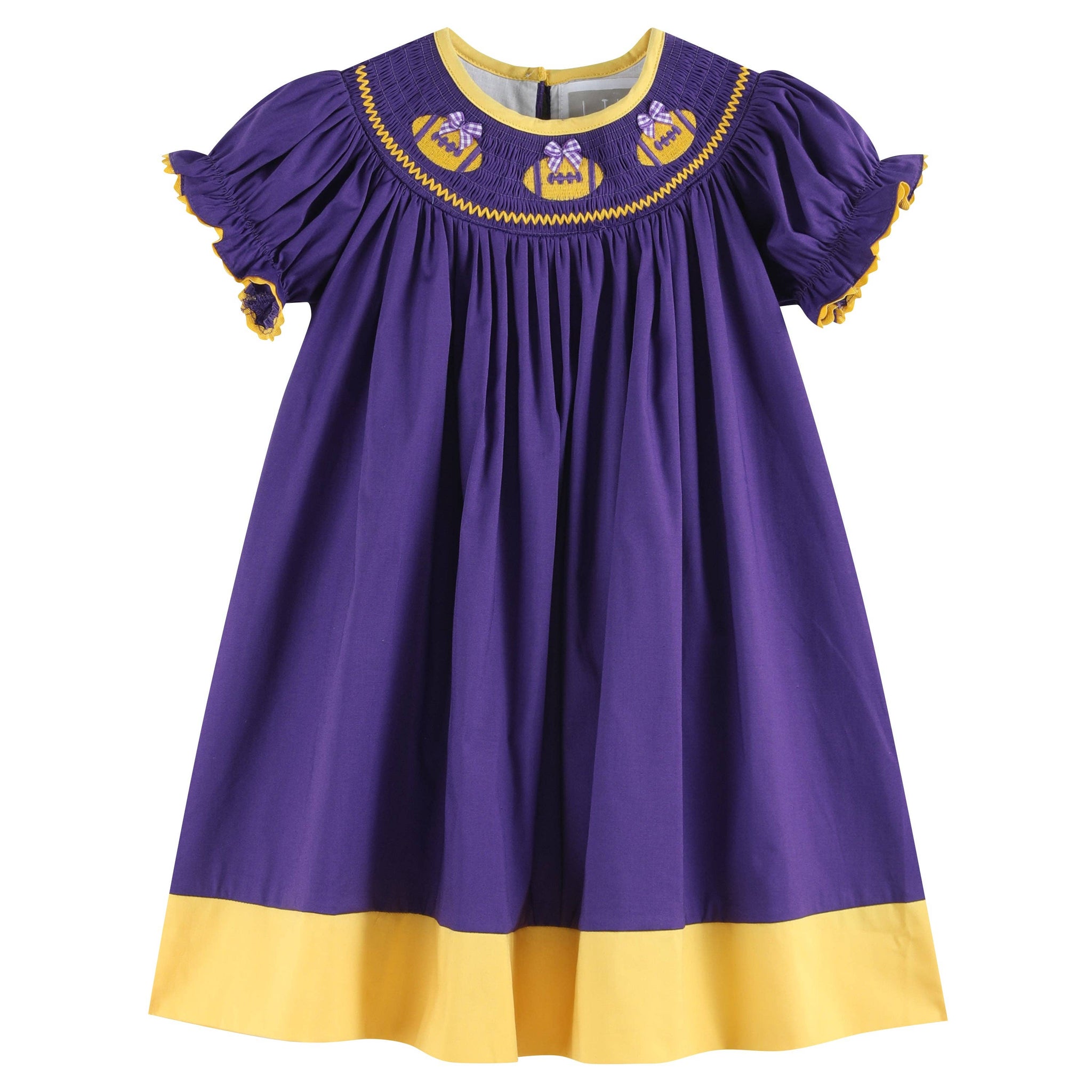 Purple and Gold Football Smocked Bishop Dress | 3-6M 12-18M 18-24M 2T Little Footprints Children's Shop Purple and Gold Football Smocked Bishop Dress | 3-6M 12-18M 18-24M 2T Little Footprints Children's Shop