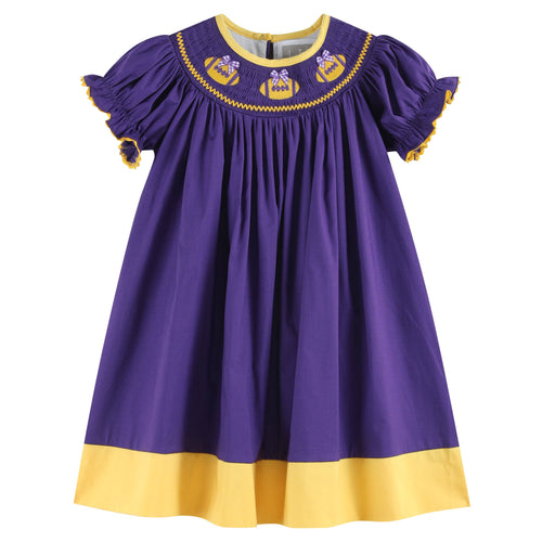 Purple and Gold Football Smocked Bishop Dress | 3-6M 6-12M 12-18M 18-24M 2T 3T 4T 5Y 6Y