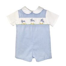 Blue Check Easter Romper with Smocked Bunnies | 12 18 24 Months