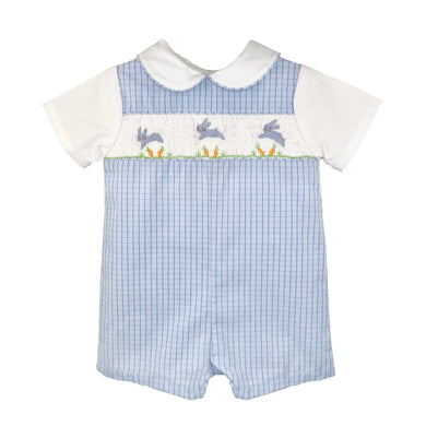 Blue Check Easter Romper with Smocked Bunnies | 12 18 24 Months