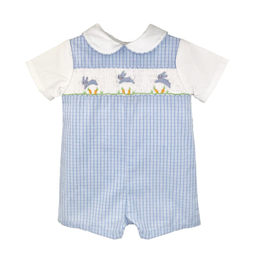 Blue Check Easter Romper with Smocked Bunnies | 12 18 24 Months