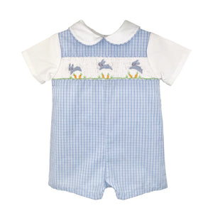 Blue Check Easter Romper with Smocked Bunnies | 12 18 24 Months