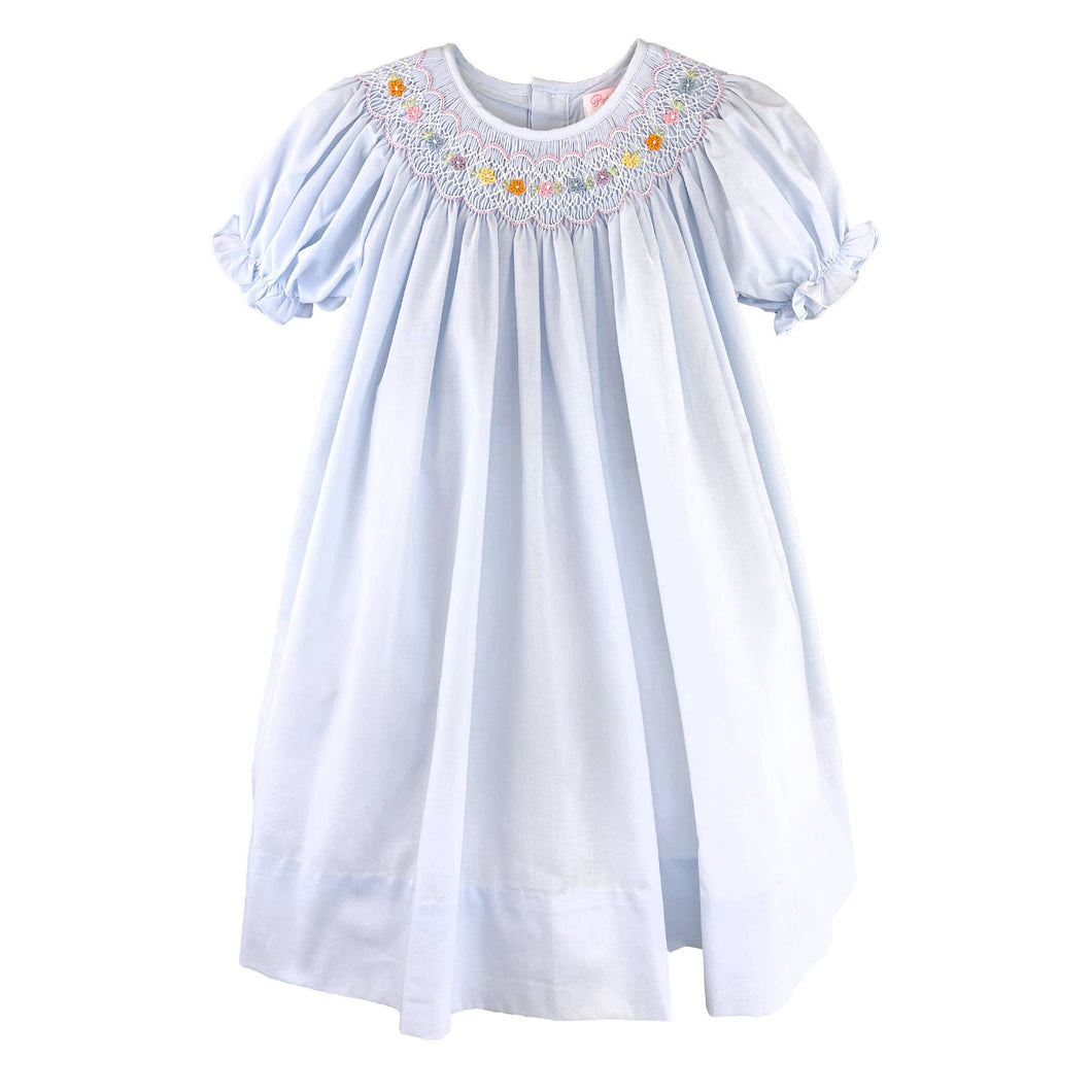 Blue Bishop Smocked Dress with Flowers | 2T 3T 4T