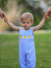 Chick Embroidered Smocked Blue Striped Boys Romper | 3 6 12 18 Months