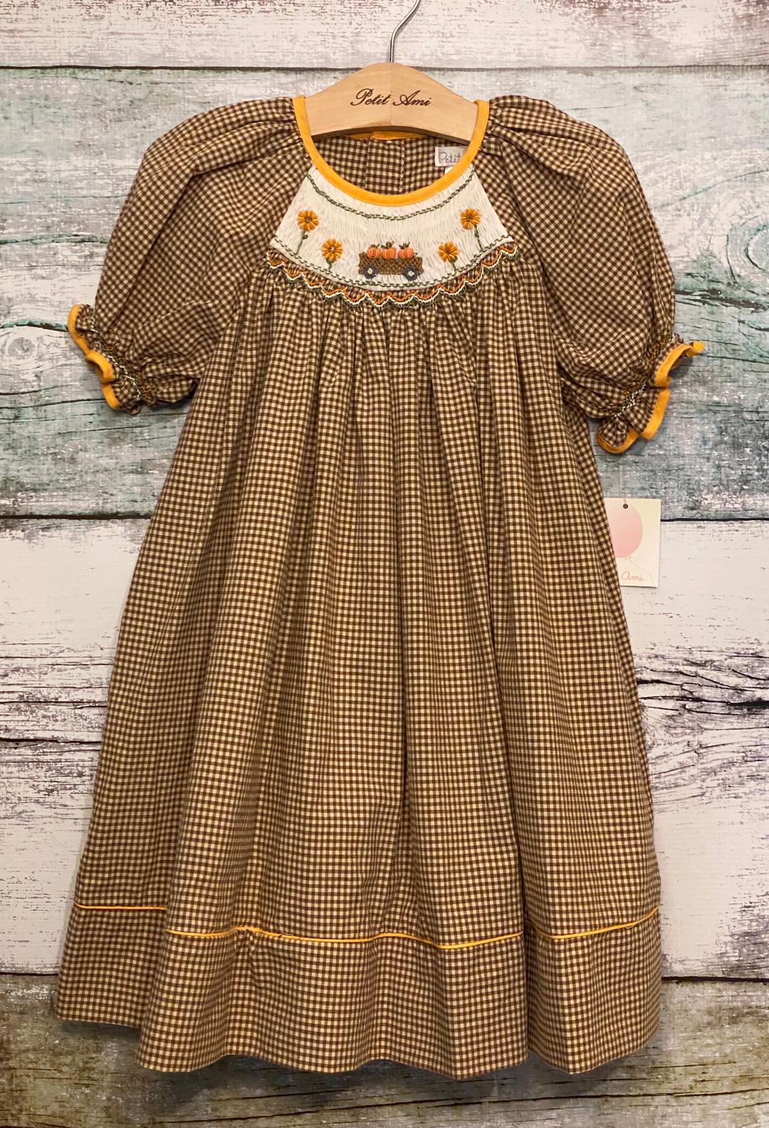 Brown Gingham Pumpkin Smocked Fall Dress | 2T Little Footprints Children's Shop Brown Gingham Pumpkin Smocked Fall Dress | 2T Little Footprints Children's Shop