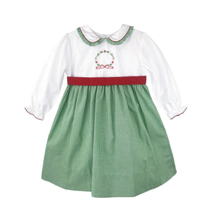 Green Check Christmas Dress with Wreath and Ruffle Collar