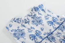 Blue and White Bow and Flower Print Layered Ruffle Dress | 2T 3T 4T