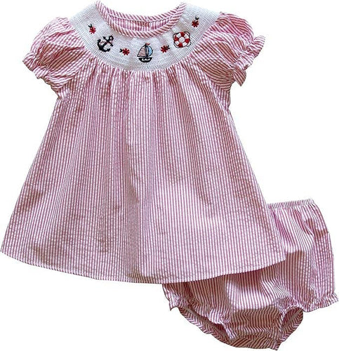 Red Seersucker Smocked Nautical Dress | 12 or 24 Months