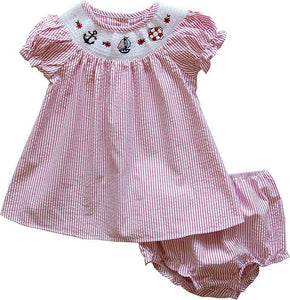 Red Seersucker Smocked Nautical Dress | 12 or 24 Months