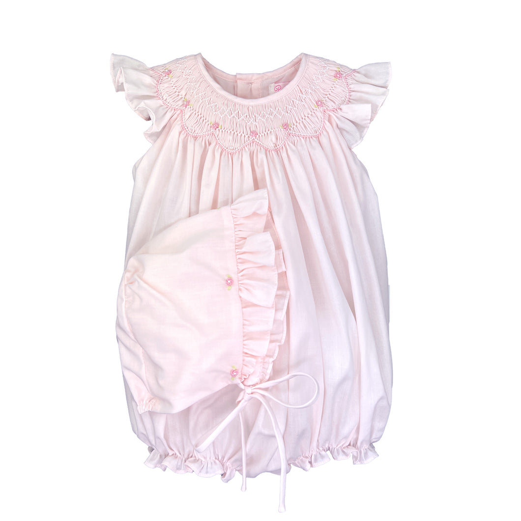 Pink Bishop Smocked Rosebud Bubble with Hat | Newborn 3 6 Months