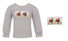 Brown Striped Girls Turkey Smocked Thanksgiving Long Sleeve T-Shirt | 2T 3T 4T 4 5