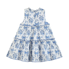 Blue and White Bow and Flower Print Layered Ruffle Dress | 2T 3T 4T