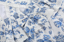 Blue and White Vintage Floral Bow Print Apron Ruffle Romper | 3-6M 6-12M 12-18M
