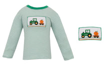 Green Striped Boys Tractor Pumpkin Smocked Long Sleeve T-Shirt| 2T 3T 4T 4 5 6 7