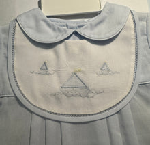 Blue Romper with Embroidered Sailboat Bib | 3 6 9 Months
