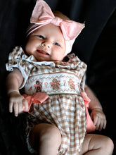 Christmas Brown Plaid Smocked Gingerbread and Bows Girl Romper | 3 6 9 12 18 Months