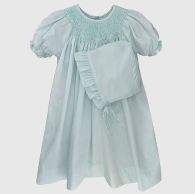 Mint Smocked Daygown with Raglan Embroidery & Bonnet | 3 6 Months