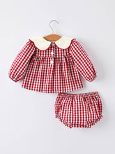 Red Gingham Christmas Tree Embroidery Long Sleeve Baby Girl Bloomers Set | 3 6 12 18 Months