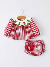 Red Gingham Christmas Tree Embroidery Long Sleeve Baby Girl Bloomers Set | 3 6 12 18 Months