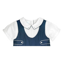 Navy White Romper Shortall with Side Tabs and Pintucks | 12 18 24 Months