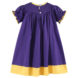 Purple and Gold Football Smocked Bishop Dress | 3-6M 6-12M 12-18M 18-24M 2T 3T 4T 5Y 6Y