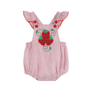 Red Seersucker Strawberry Bow Romper | 3-6M 6-12M 12-18M