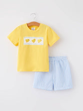 Yellow Blue Striped Chick Embroidery Boys Smocked Short Set | 2 3 4 5 Years