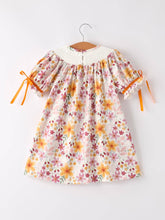 Fall Thanksgiving Pumpkin Embroidered Smocked Floral Dress | 2 3 4 5 6 Years