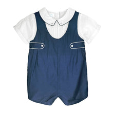 Navy White Romper Shortall with Side Tabs and Pintucks | 12 18 24 Months